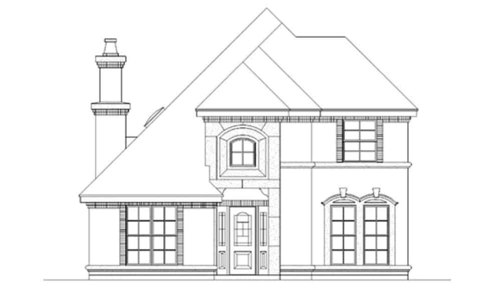 Front elevation sketch of the 3-bedroom two-story traditional home.