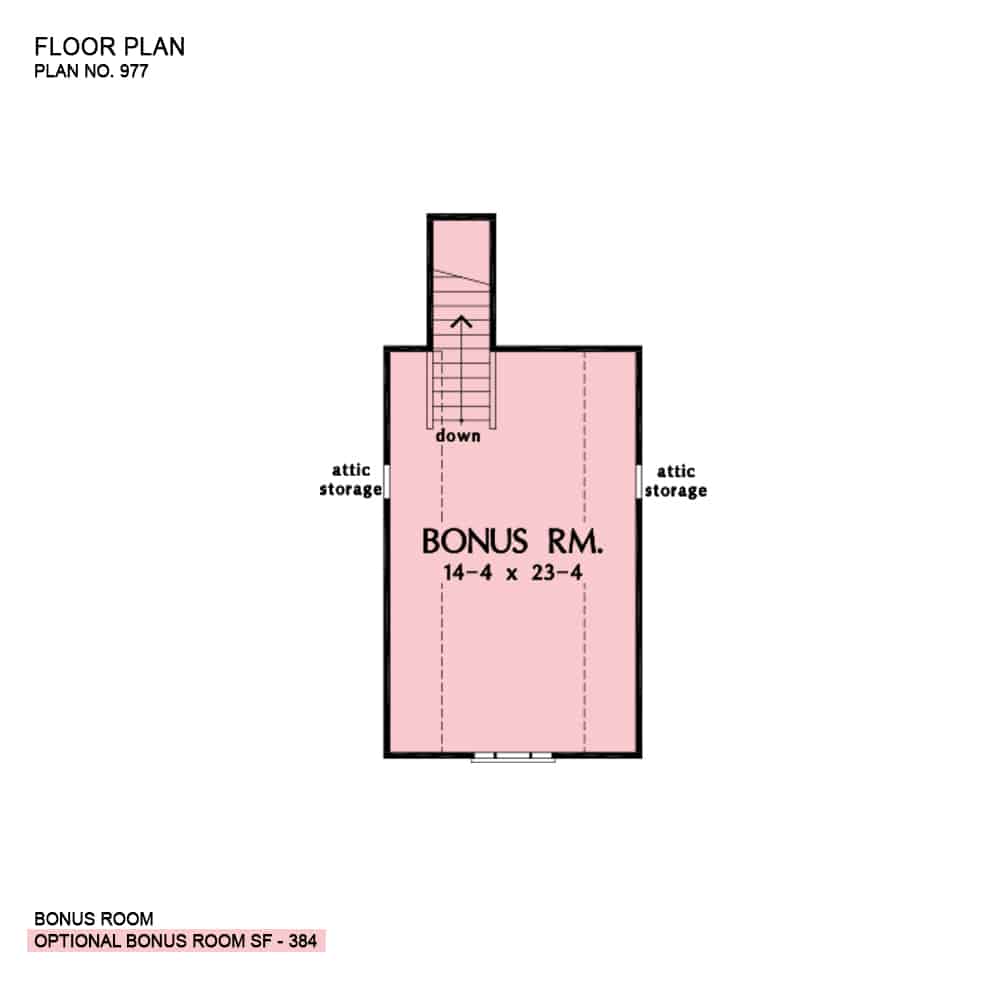 Bonus room floor plan with attic storage and a staircase leading down the main floor.