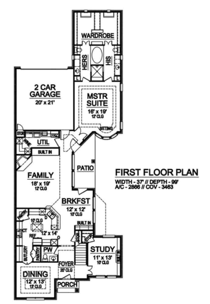 Main level floor plan of a 3-bedroom two-story traditional home with foyer, study, formal dining room, kitchen, family room, breakfast nook, utility room, primary suite, and rear double garage.