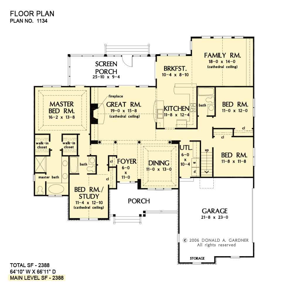 Main level floor plan of a 4-bedroom single-story craftsman style The Walnut Creek home with front and screened porches, foyer, formal dining room, great room, kitchen, breakfast nook, family room, and utility room leading to the garage.