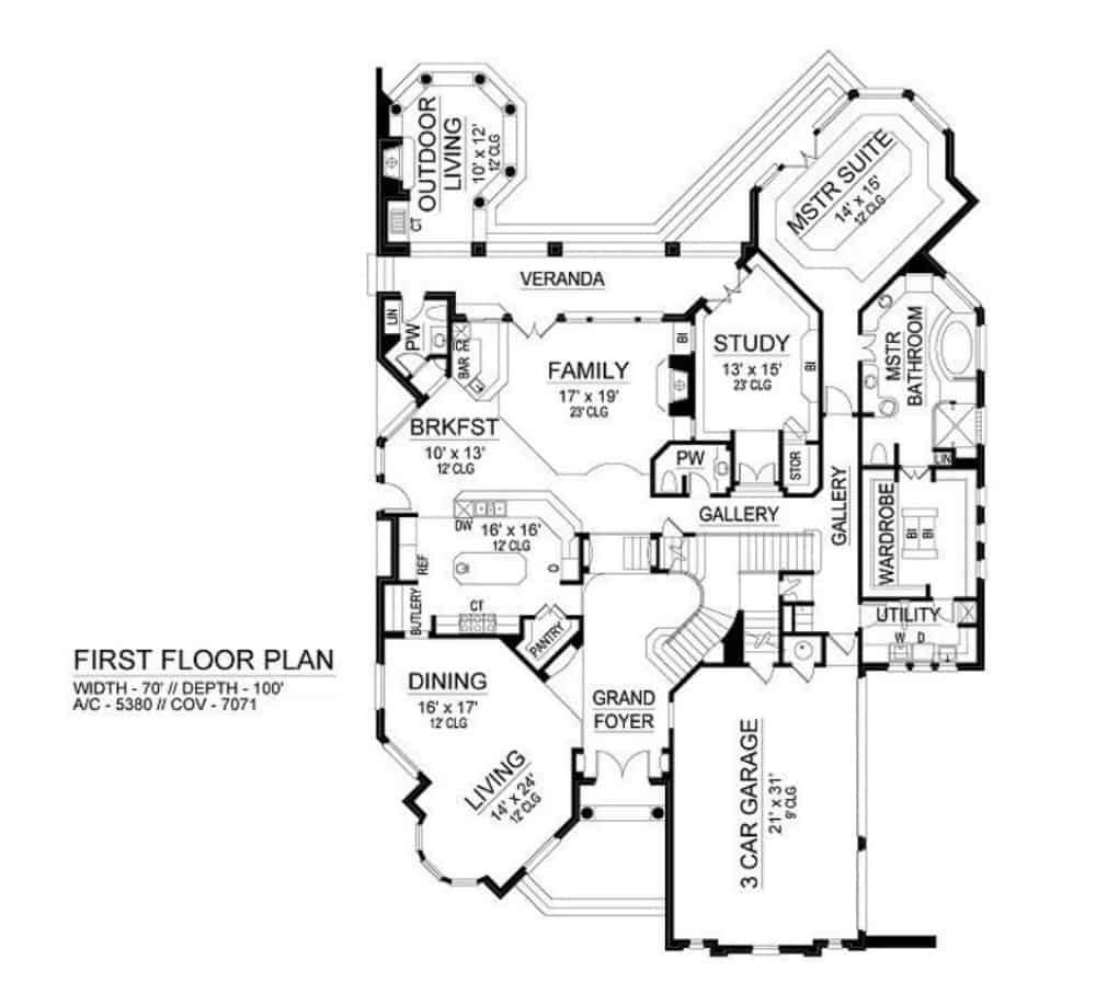 Main level floor plan of a 4-bedroom two-story European home with foyer, formal dining room, living room, kitchen, breakfast nook, family room, study, primary suite, and utility room.