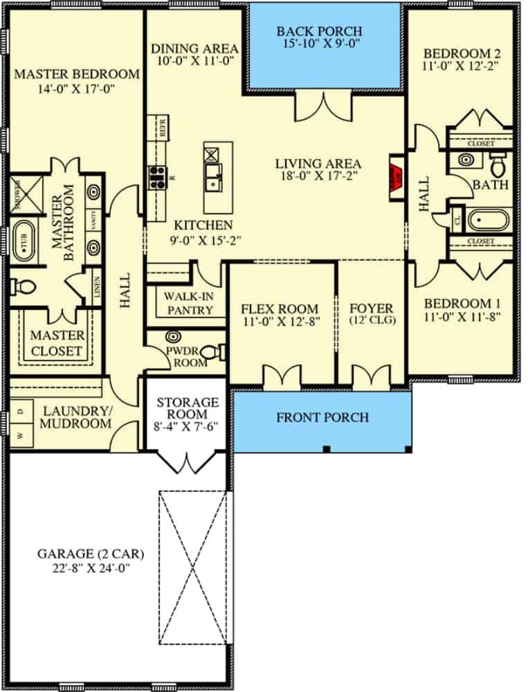 Main level floor plan of a single-story 3-bedroom Acadian home with front and rear porches, foyer, flex room. living area, kitchen, dining area, and laundry/mudroom that opens to the garage.