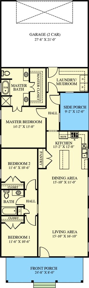 Main level floor plan of a single-story 3-bedroom cottage with living room, dining area, kitchen, and laundry/mudroom leading to the garage.