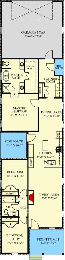 Main level floor plan of a single-story 3-bedroom traditional cottage with front and side porches, living room, kitchen, dining area, and utility room leading to the rear garage.