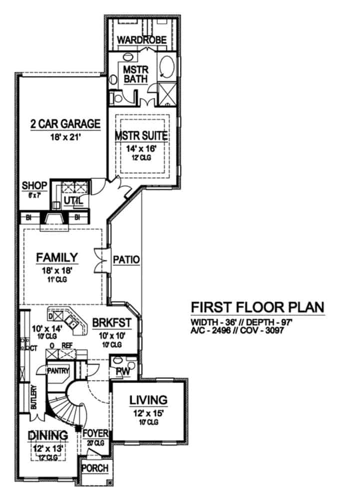 Main level floor plan of a two-story 3-bedroom traditional home with foyer, formal dining room, living room, kitchen, breakfast nook, family room, primary suite, utility, and double garage with workshop.