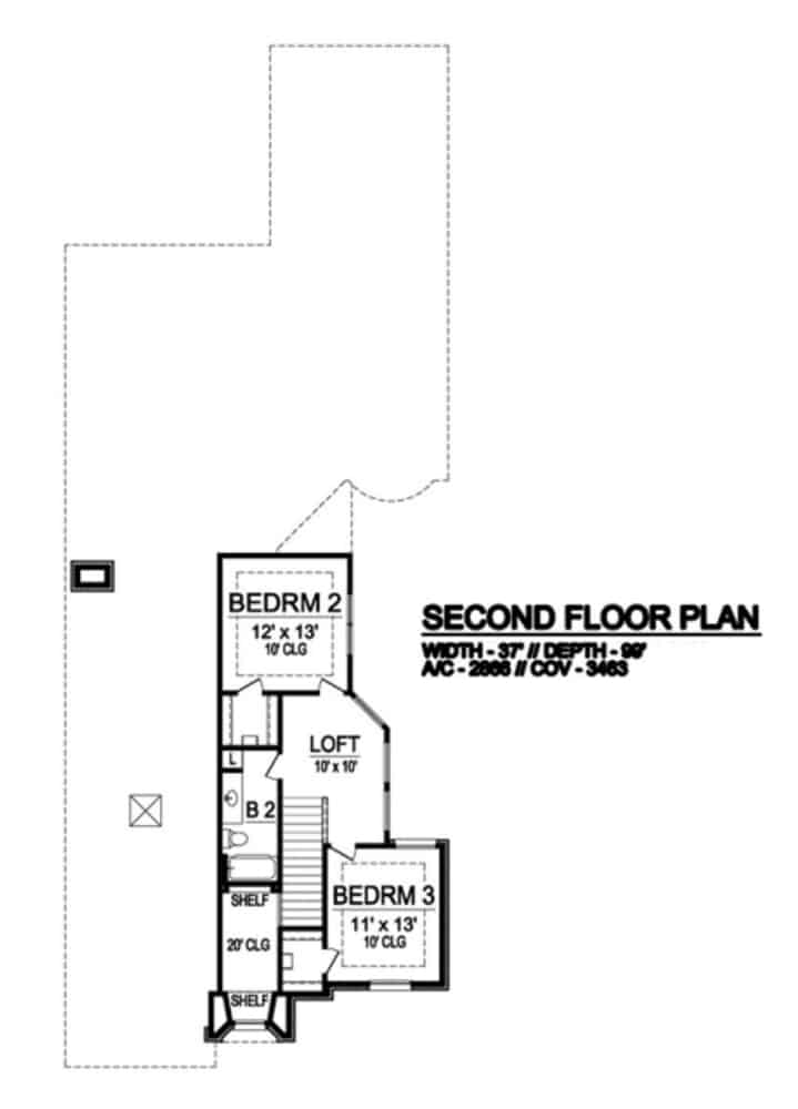 Second level floor plan with a loft and two bedrooms sharing a full bath.