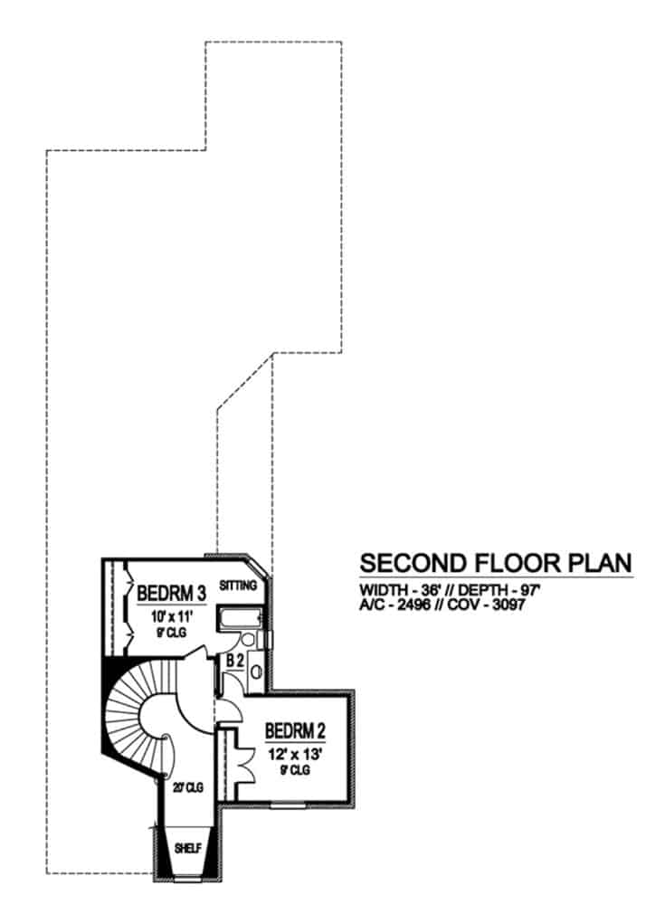 Second level floor plan with two bedrooms sharing a full bath.