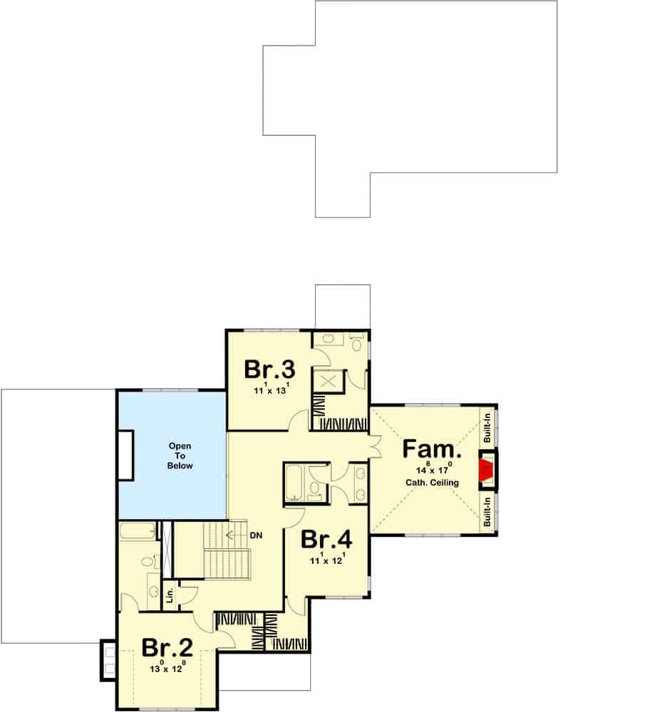 Second level floor plan with three bedroom suites and a family room.