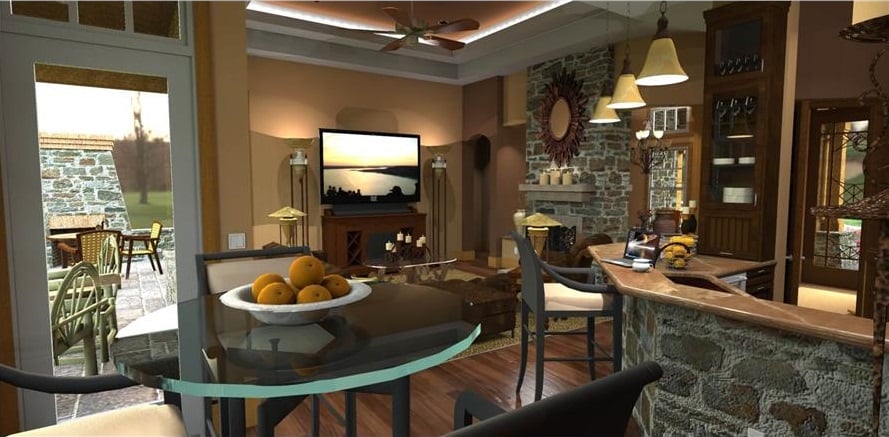 An open layout view showing the family room, kitchen, and breakfast nook.