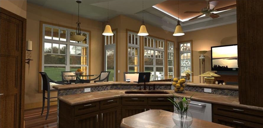 The curved peninsula is fitted with an undermount sink and a raised eating bar.