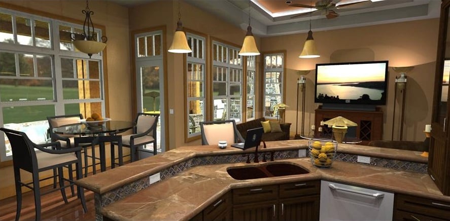 Across the peninsula is the breakfast nook with a round dining set surrounded by white-framed windows.