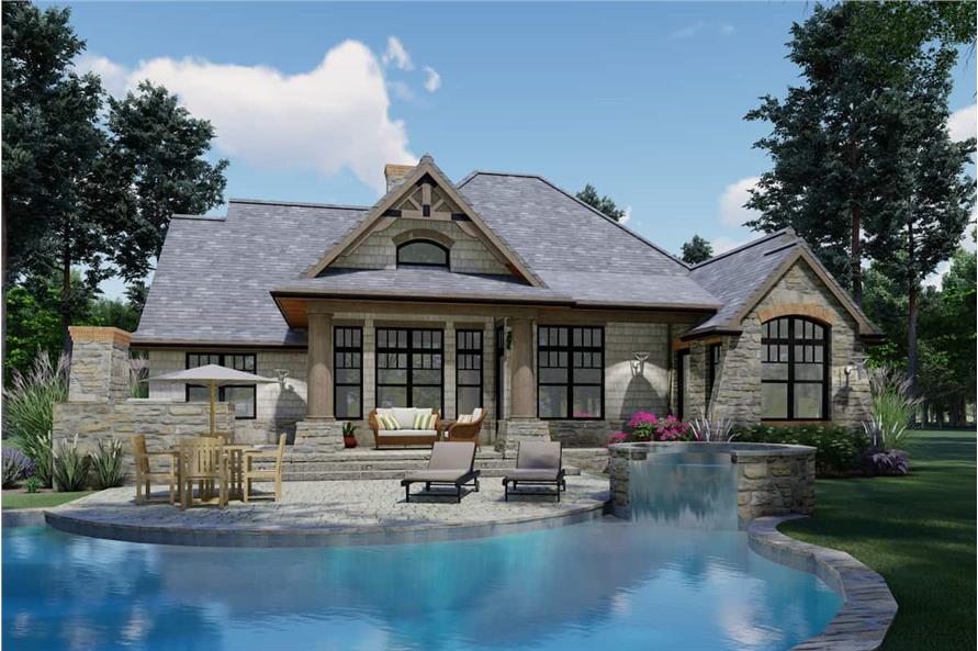 Rear rendering of the single-story 3-bedroom craftsman ranch.
