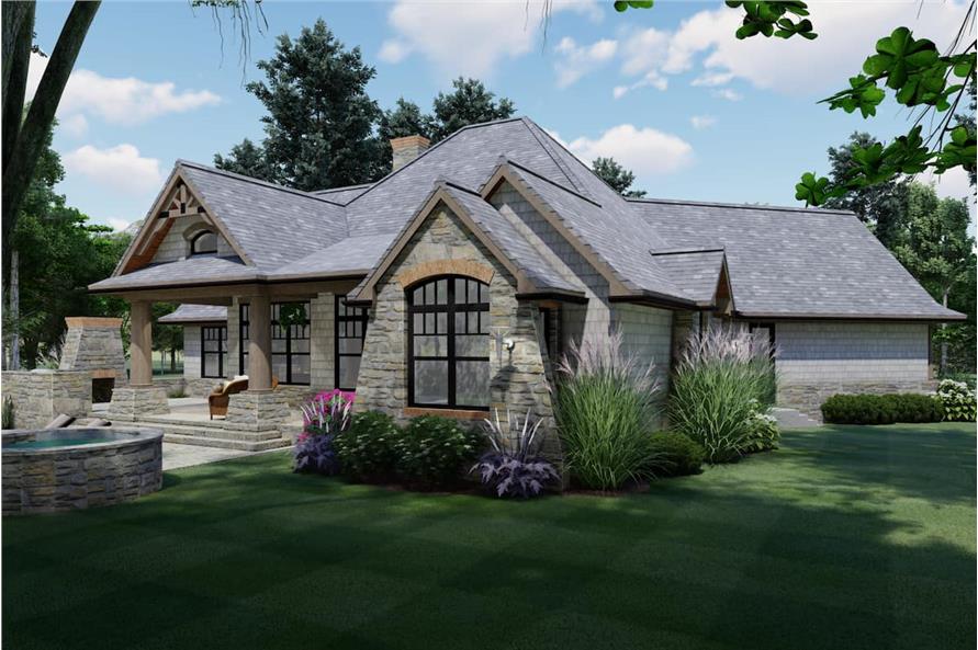 Rear-left rendering of the single-story 3-bedroom craftsman ranch.