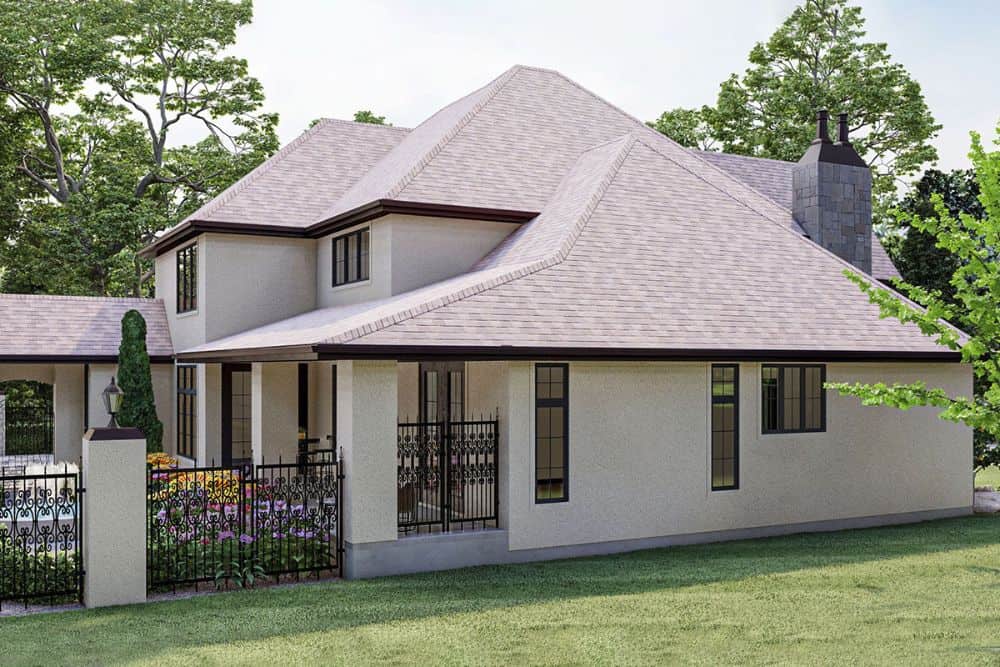 Left rendering of the two-story 4-bedroom French country home.