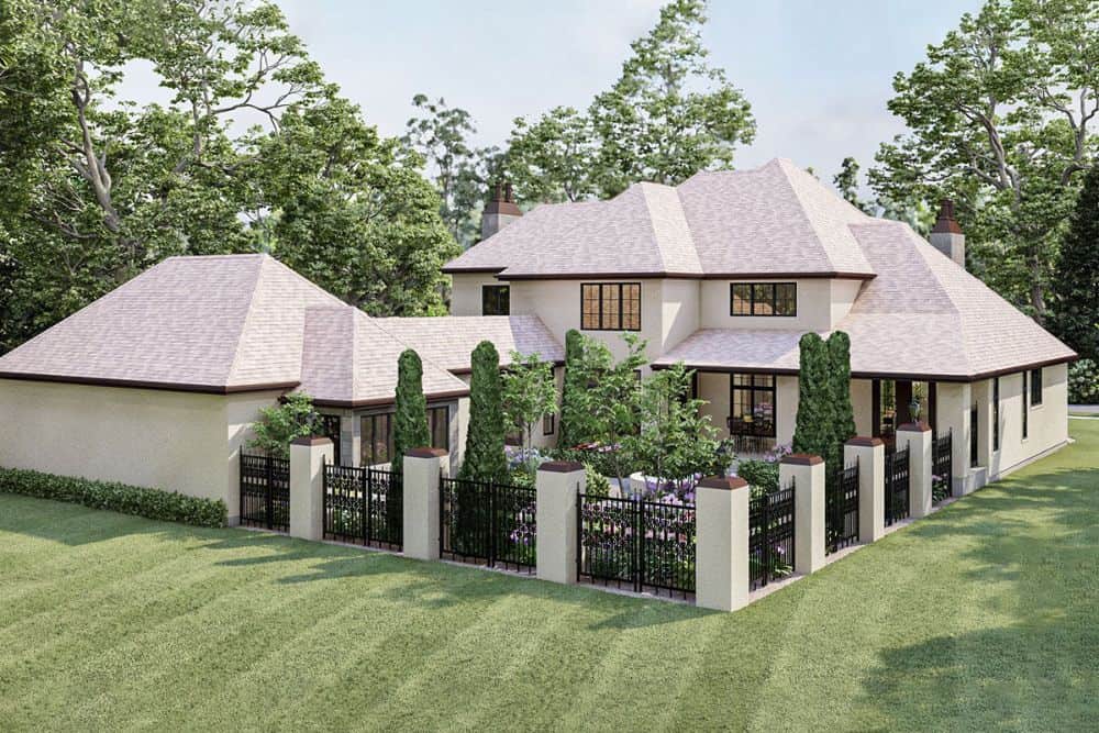 Rear-left rendering of the two-story 4-bedroom French country home.