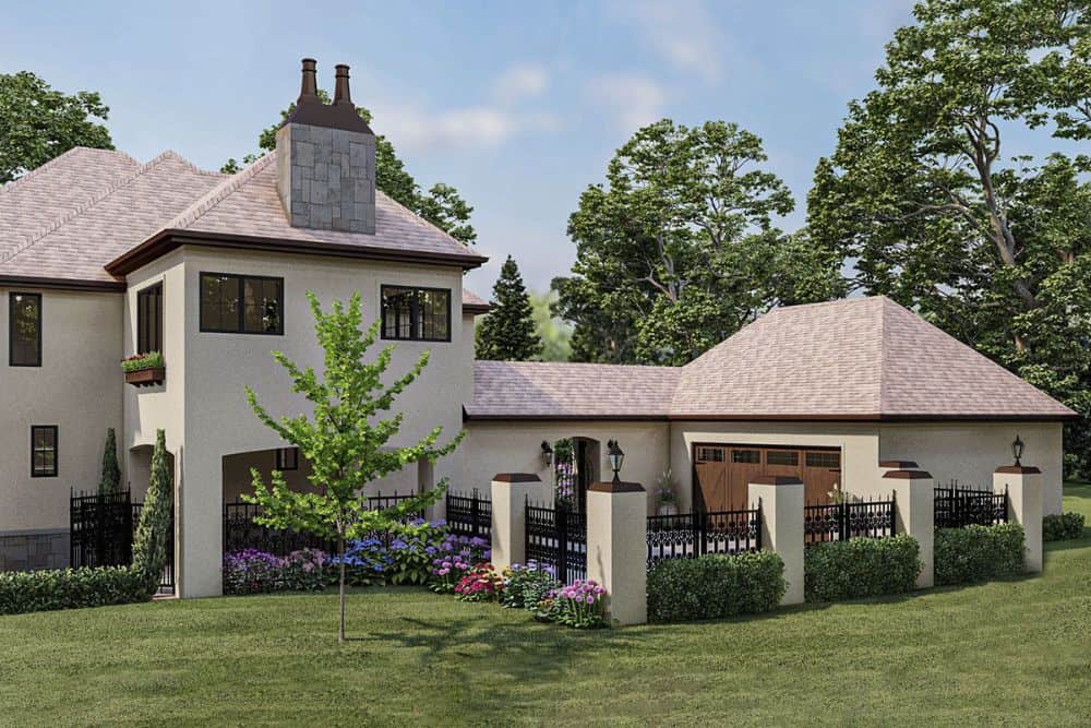 Rear-right rendering of the two-story 4-bedroom French country home.