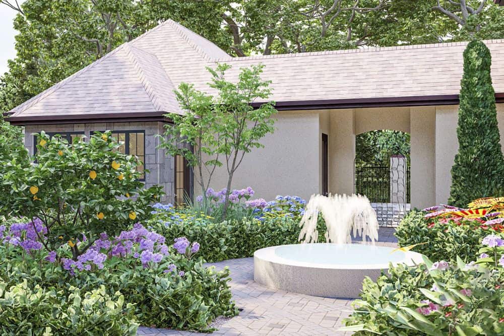 The fountain serves as a stunning focal point to the garden.