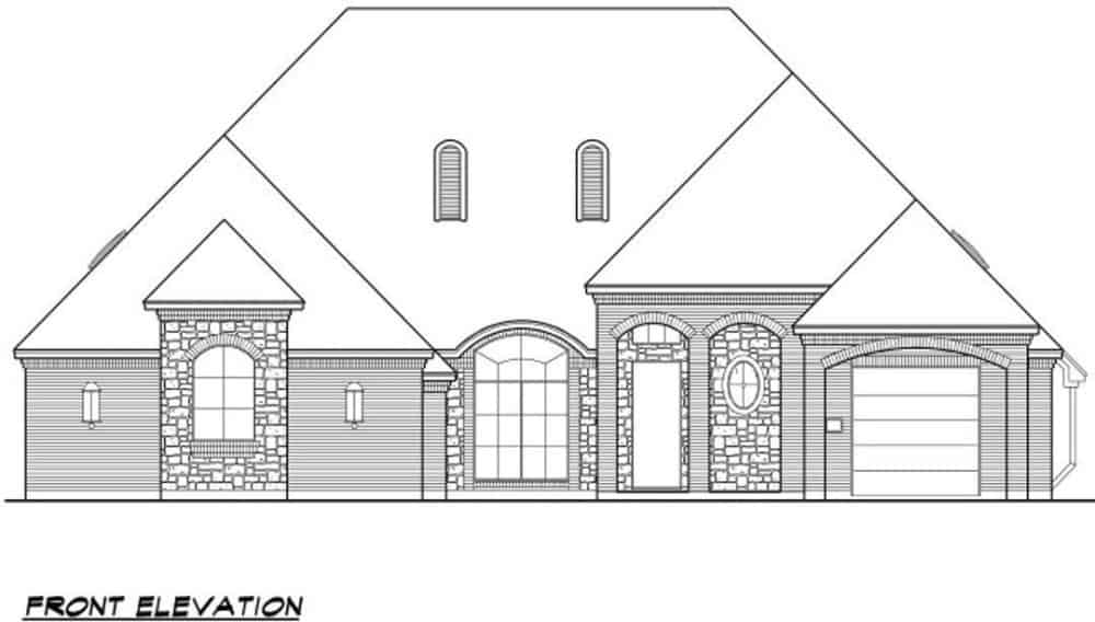 Front elevation sketch of the 3-bedroom European-style single-story home.