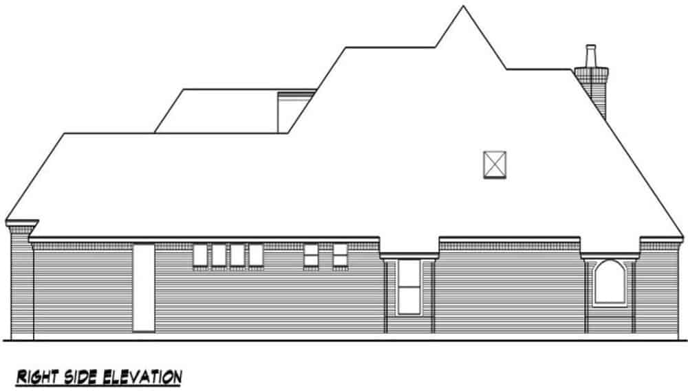 Right elevation sketch of the 3-bedroom European-style single-story home.