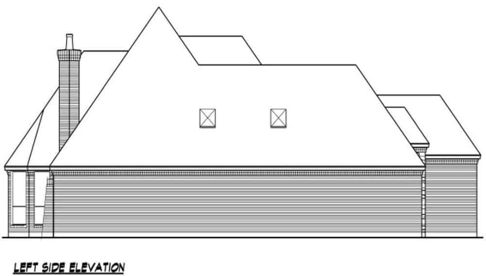 Left elevation sketch of the 3-bedroom European-style single-story home.