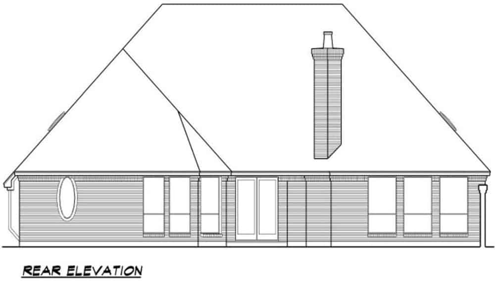 Rear elevation sketch of the 3-bedroom European-style single-story home.