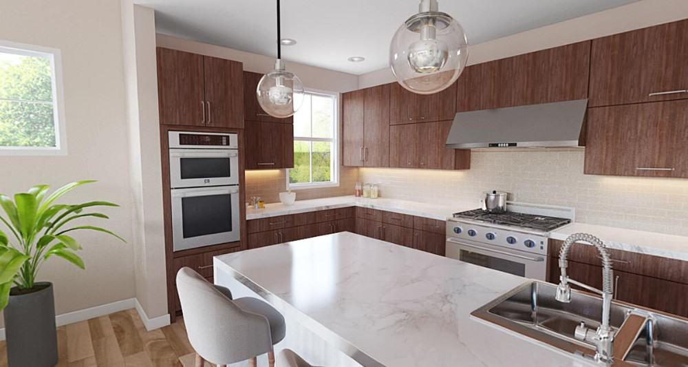 Kitchen with wooden cabinetry, stainless steel appliances, and a breakfast island well-lit by glass globe pendants.