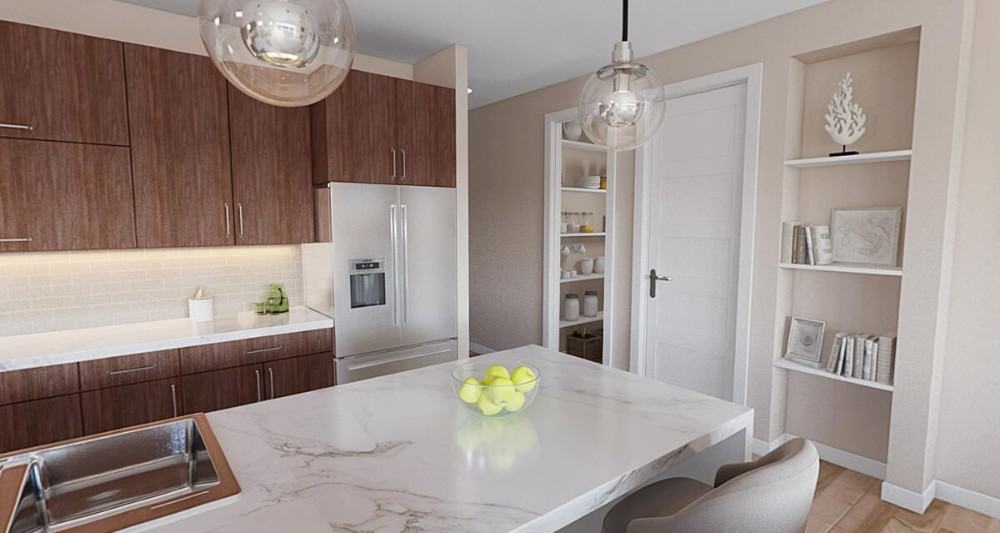 The kitchen includes built-in shelves and a walk-in pantry.