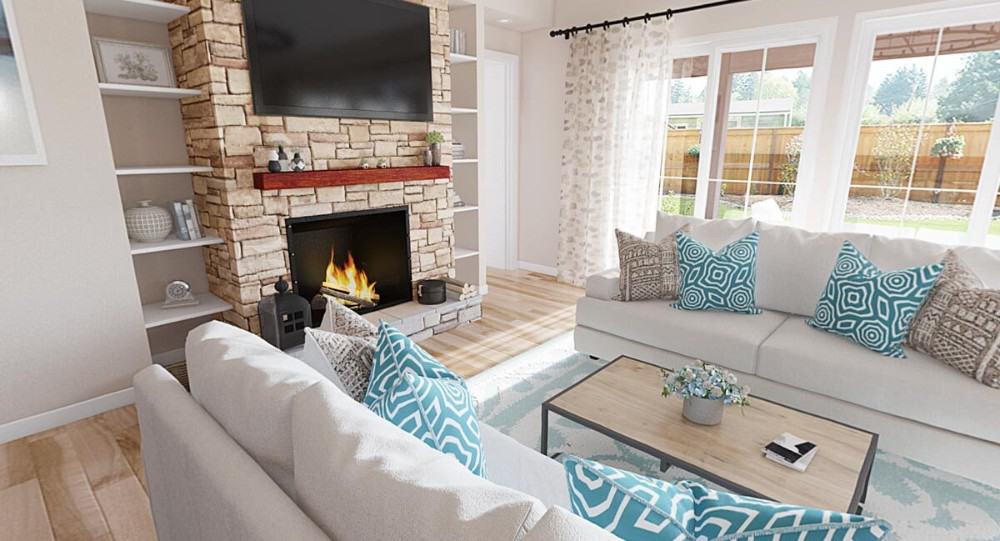 The living room offers a stone fireplace, a TV, and white sofas accentuated with patterned pillows.