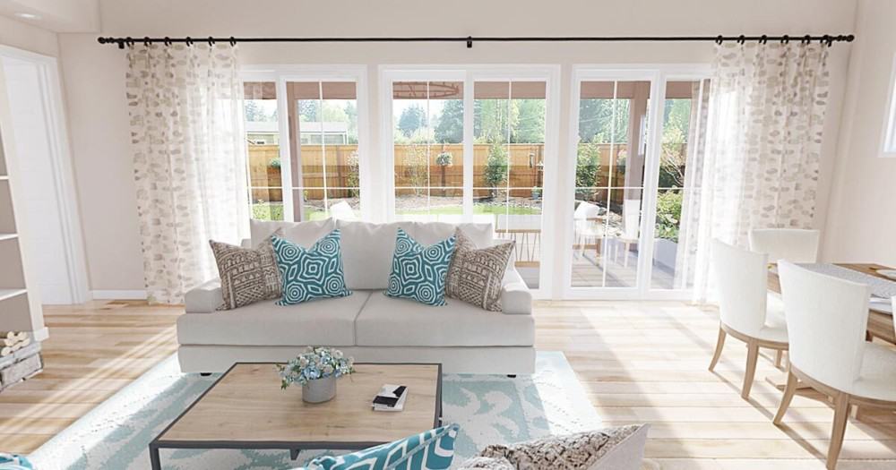 French doors at the back extend the living space onto the covered porch.