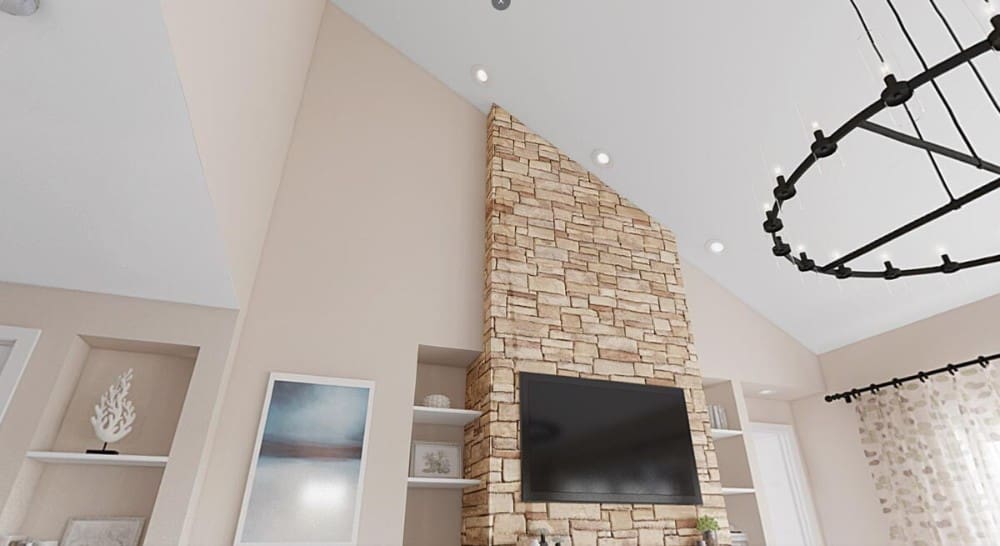 A tall shed ceiling crowns the living room.