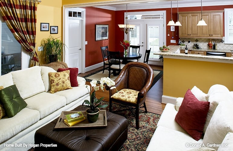 An open layout view of the great room, kitchen, and breakfast nook.