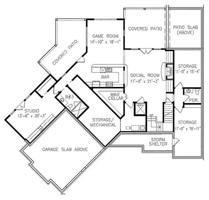 Lower level floor plan with social room, wine cellar, studio, and plenty of storage rooms.