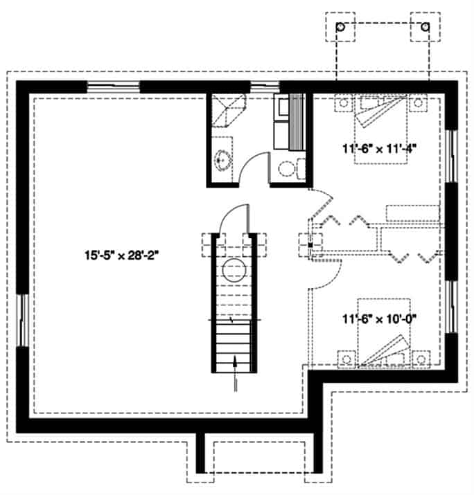 Lower level floor plan with two bedrooms and a common bathroom.