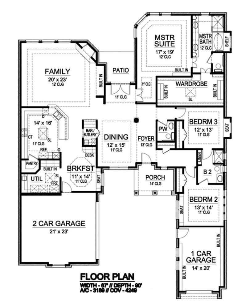 Main level floor plan of a 3-bedroom European-style single-story home with foyer, family room, formal dining room, kitchen, breakfast nook, utility, and multiple garages.