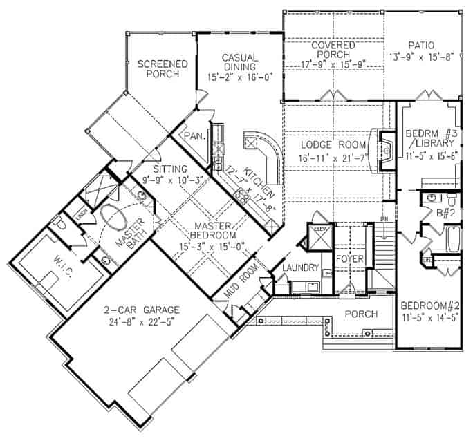 Main level floor plan of a 3-bedroom Single-story craftsman cottage with front and rear porches, foyer, lodge room, kitchen, casual dining, and a mudroom leading to the angled garage.