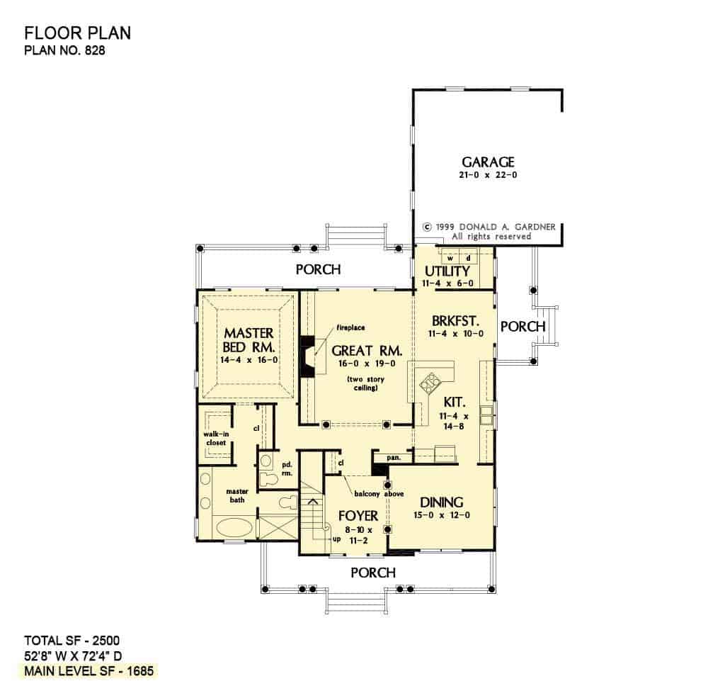 Main level floor plan of a 4-bedroom two-story The Jamestowne farmhouse with front and rear porches, foyer, formal dining room, kitchen, breakfast nook, primary suite, and utility leading to the garage.