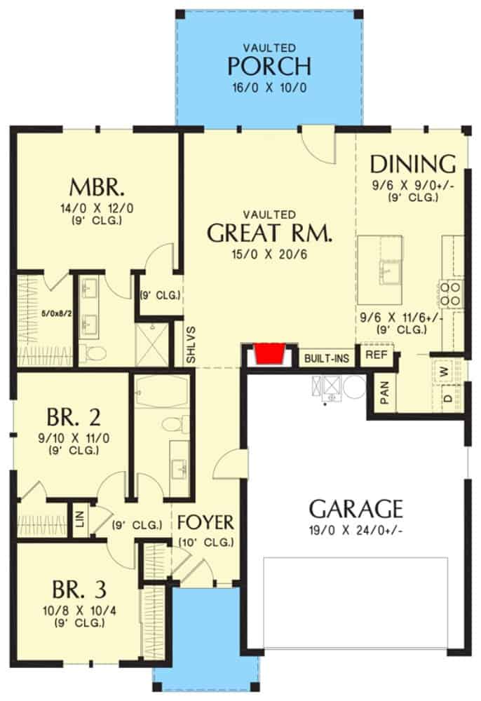 Main level floor plan of a single-story 3-bedroom New American country home with foyer, great room, dining area, kitchen, laundry room, and a double garage.