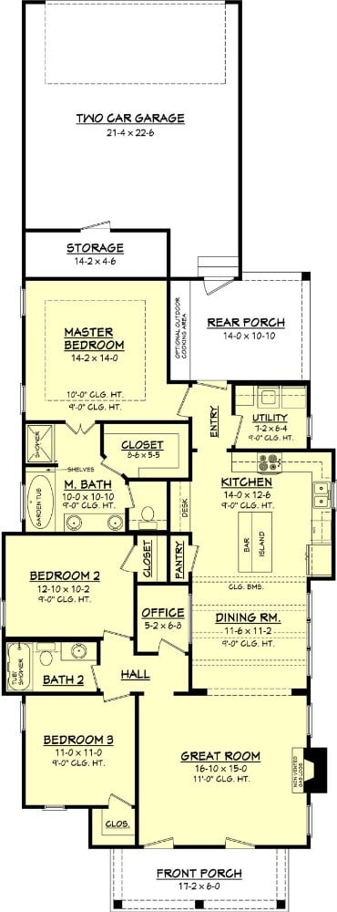 Main level floor plan of a single-story cottage style 3-bedroom home with front and rear porches, great room, kitchen, dining area, utility, home office, and rear garage.