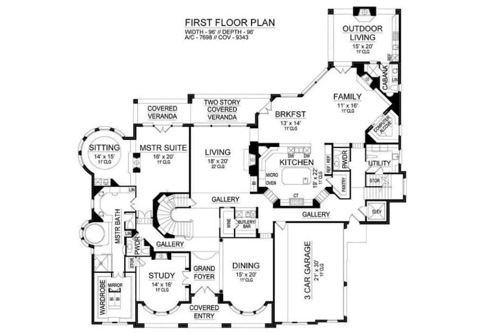 Main level floor plan of a two-story 5-bedroom luxury European home with grand foyer, study, formal dining room, living room, kitchen, breakfast nook, family room, primary suite, utility, and lots of outdoor spaces.