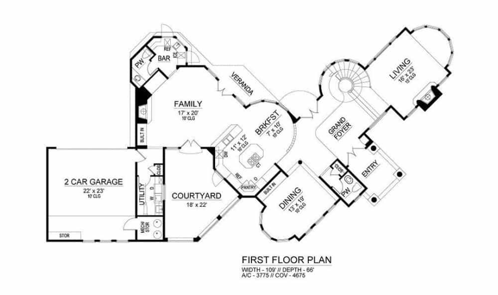 Main level floor plan of a two-story Mediterranean 3-bedroom home with courtyard, grand foyer, living room, family room, kitchen, breakfast nook, formal dining room, utility, and double garage.