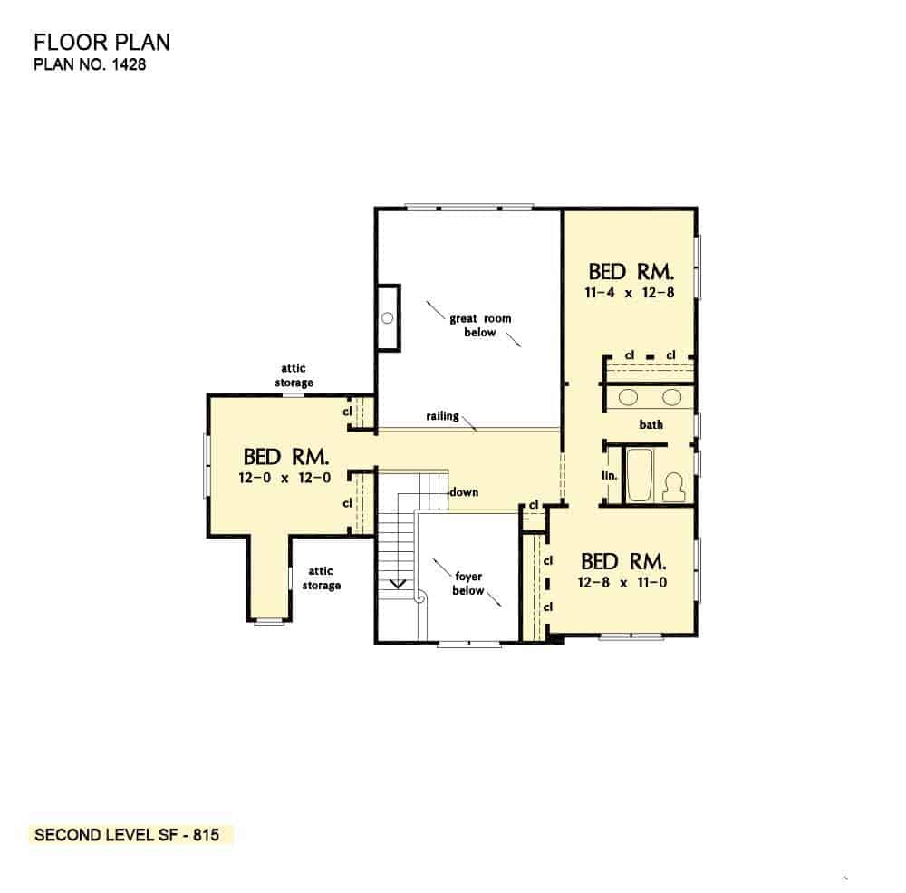 Second level floor plan with three bedrooms sharing a full bath.