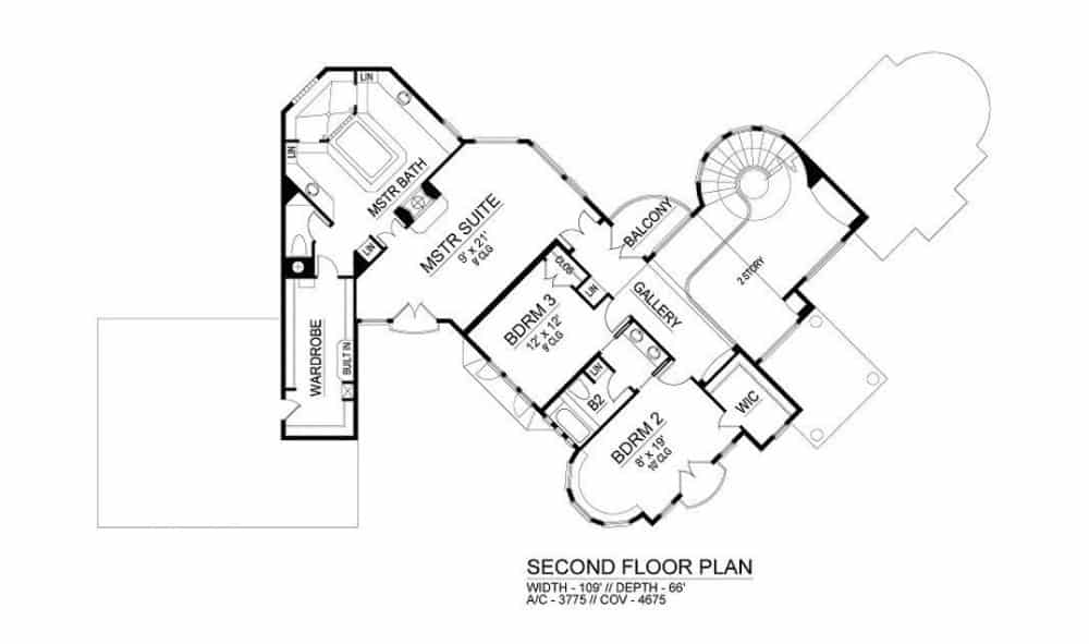Second level floor plan with three bedrooms and two bathrooms.