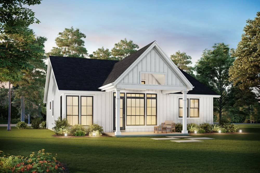 Rear rendering of the New American country home with an alternate white exterior.