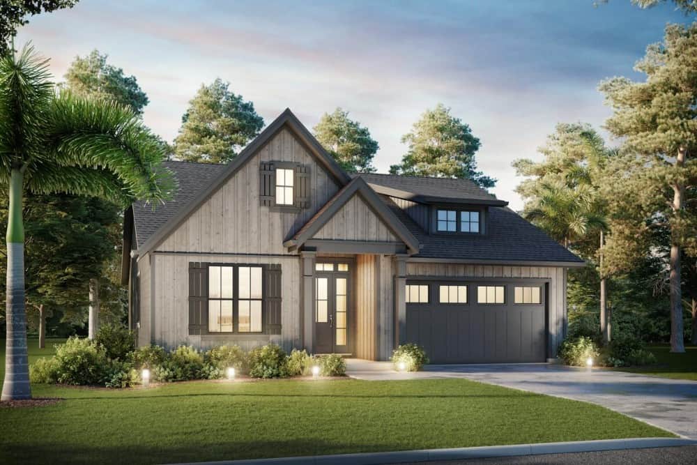 Front rendering of the single-story 3-bedroom New American country home.