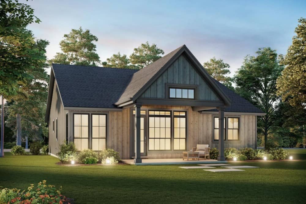 Rear rendering of the single-story 3-bedroom New American country home.