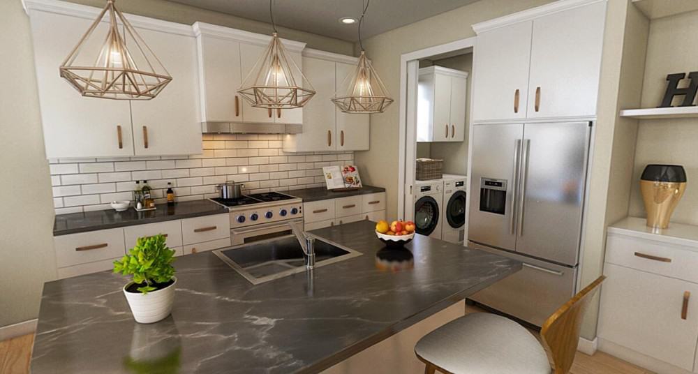 The kitchen has white cabinetry, stainless steel appliances, and a center island fitted with a sink.