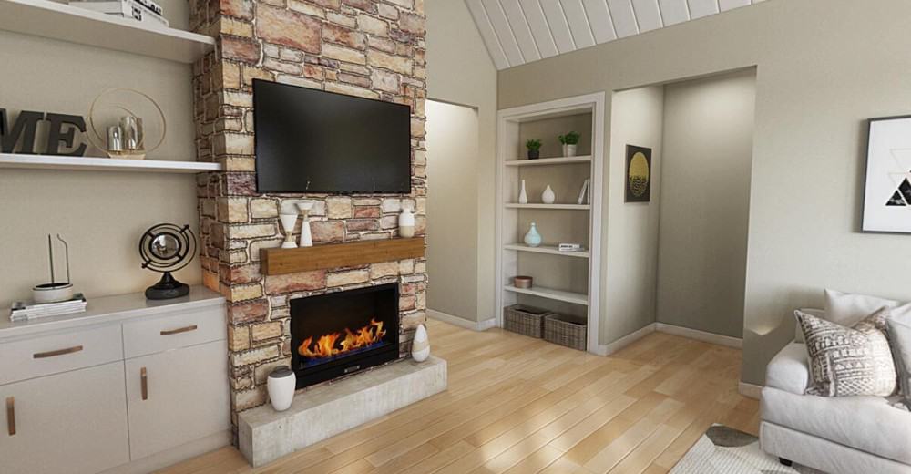 Great room with built-in shelves and a brick fireplace topped with a TV.
