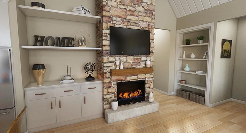 Great room with built-in shelves and a brick fireplace topped with a TV.