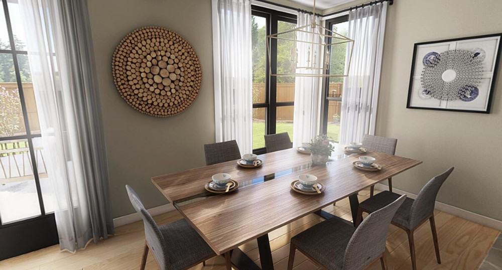 The dining room offers gray upholstered chairs and a wooden dining table well-lit by a caged chandelier.