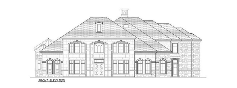 Front elevation sketch of the two-story 5-bedroom luxury European home.